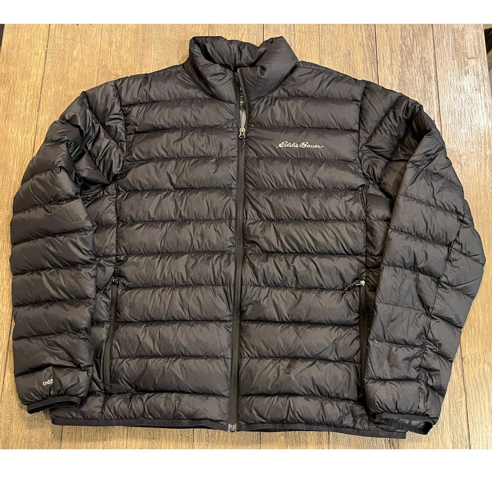Eddie Bauer Down Jacket Mens XL Black Puffer Full Zip Quilted Coat EB650 EUC